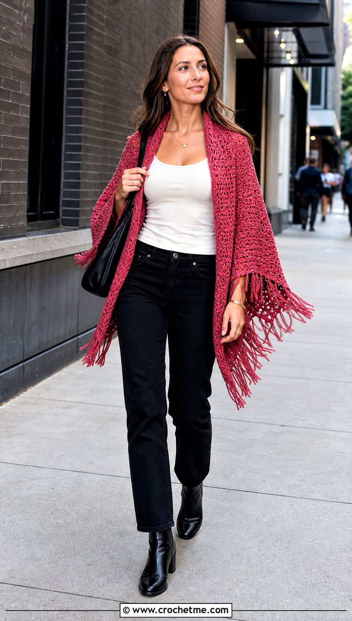 Fringe Crochet Cocoon Shrug With Black Jeans - 30 crochet cocoon shrug outfit ideas