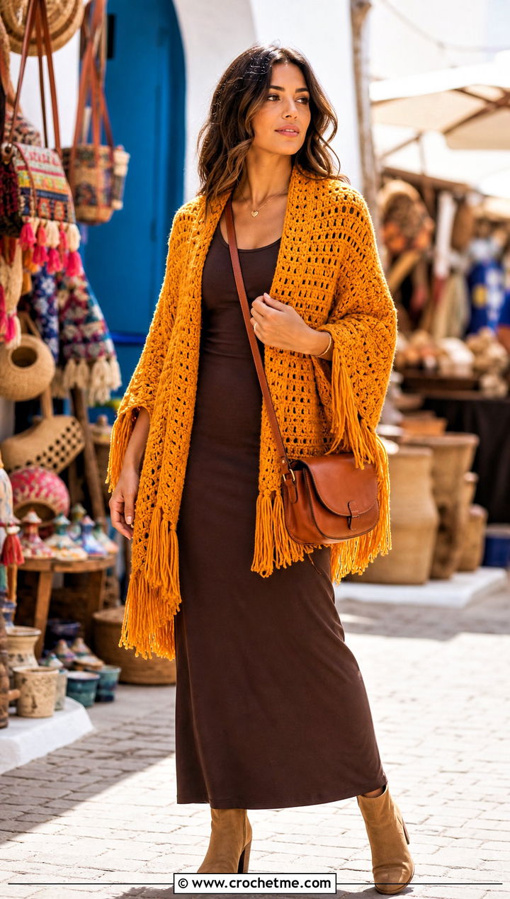 Fringe Crochet Cocoon Shrug With Maxi Dress - 25 Easy Crochet Cocoon Shrug outfit ideas