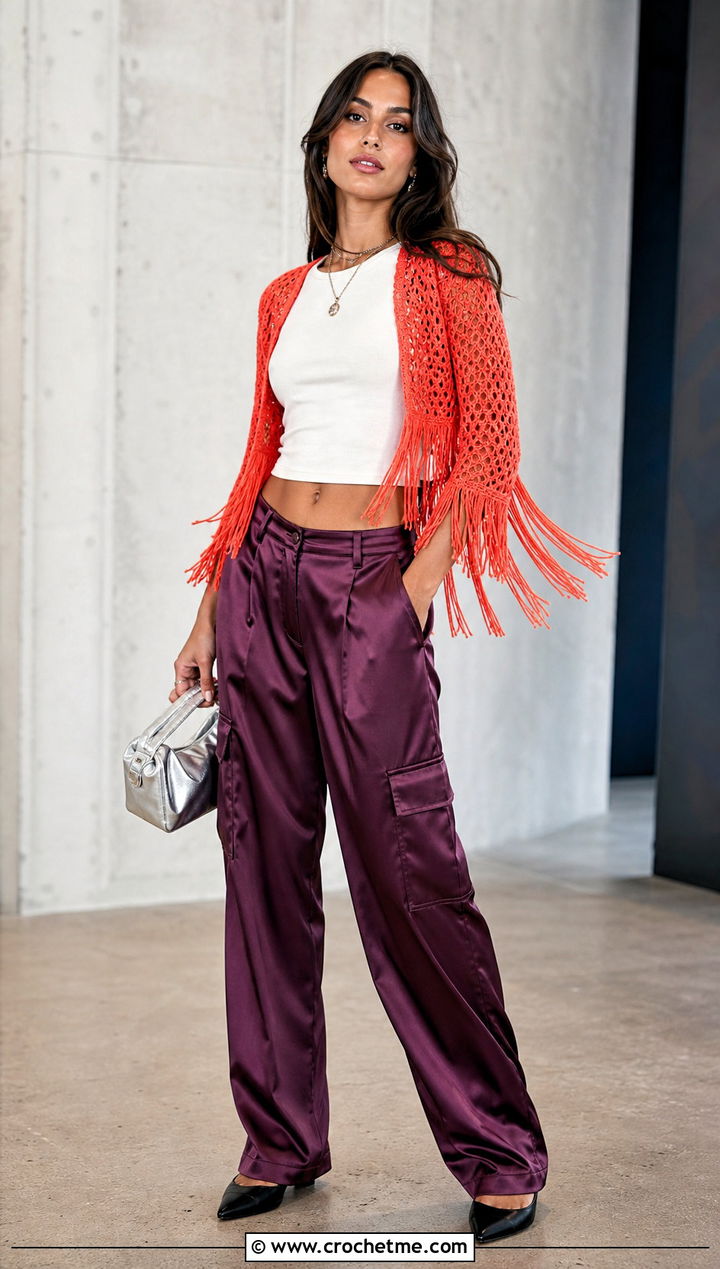 Fringe Crochet Crop Shrug With Satin Cargo Pants - 25 Crochet Crop Shrug outfit ideas