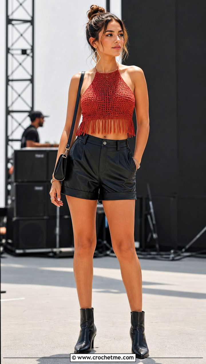 Fringe Crochet Crop Top With Leather Shorts - 35 easy crochet summer crop tops outfit ideas