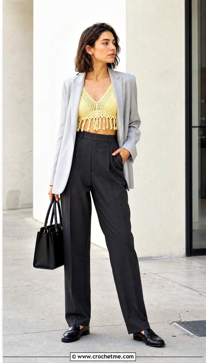 Fringe Crochet Crop Top With Tailored Trousers - 15 crochet tops with fringes outfit ideas