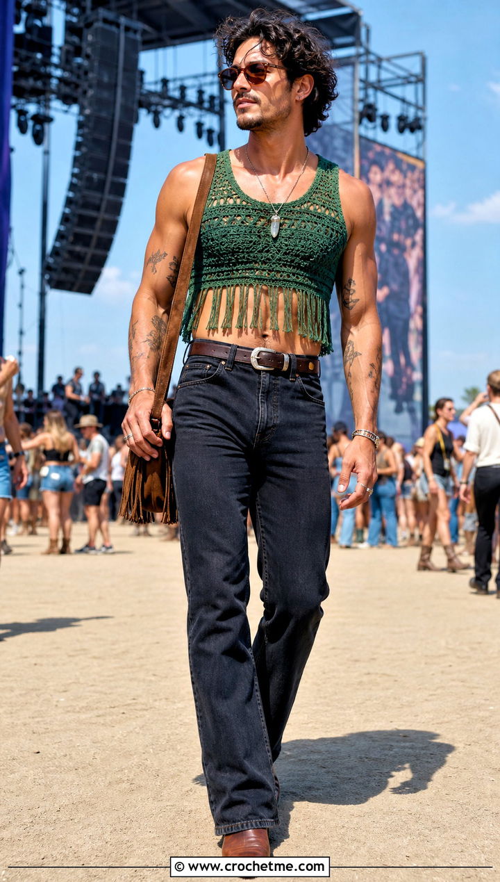 Fringe Crochet Crop Top With Western Jeans - 25 Men Crochet Crop Top outfit ideas