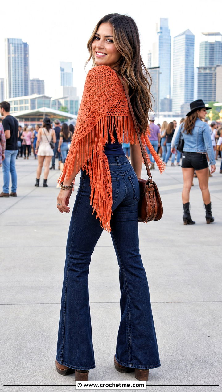Fringe Crochet Cropped Shrug With Flared Jeans - 25 Crochet Cropped Shrug outfit ideas