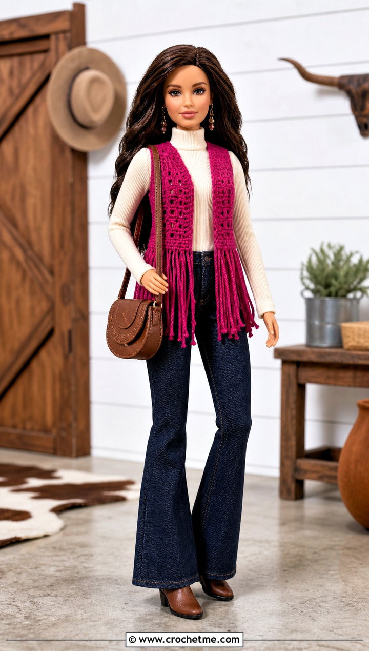 Fringe Crochet Doll Vest With Flared Jeans - 20 crochet doll vest outfit ideas