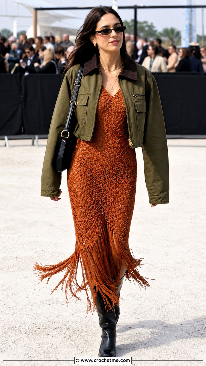 Fringe Crochet Dress With Leather Boots - 35 crochet dress ideas