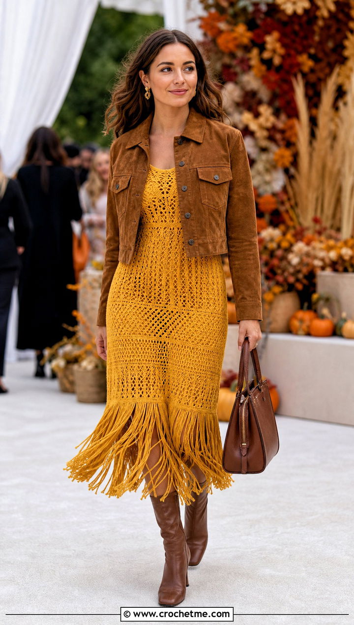 Fringe Crochet Dress With Suede Jacket - 30 crochet for dresses outfit ideas