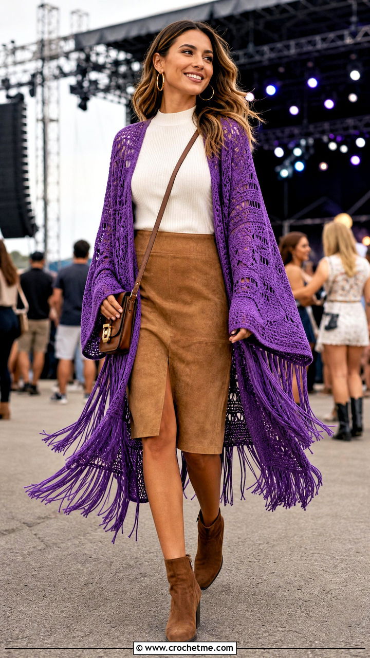 Fringe Crochet Duster Cardigan With Suede Skirt - 35 crochet duster cardigan outfit ideas