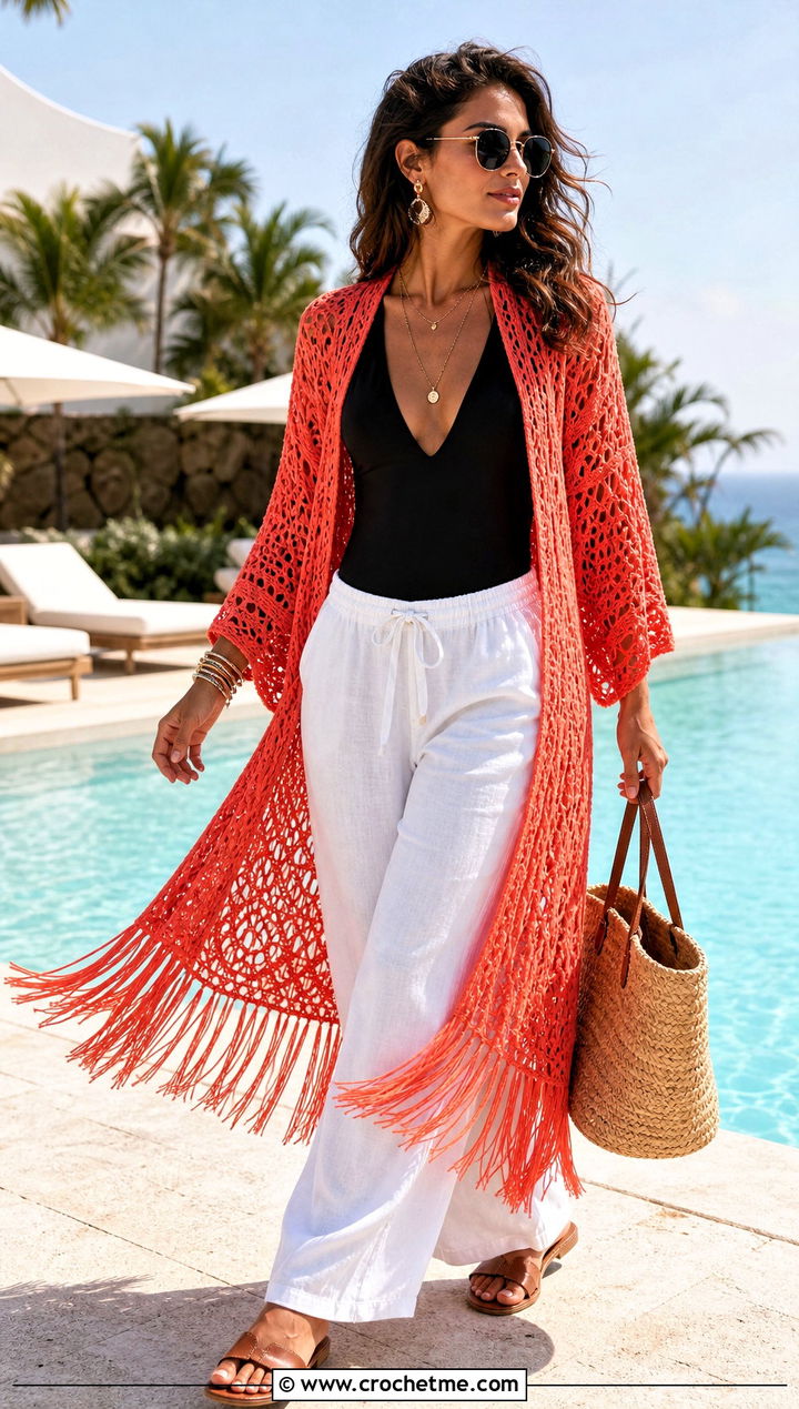 Fringe Crochet Duster Cardigan With Swimsuit And Linen Pants - 30 Crochet Lightweight Cardigan outfit ideas