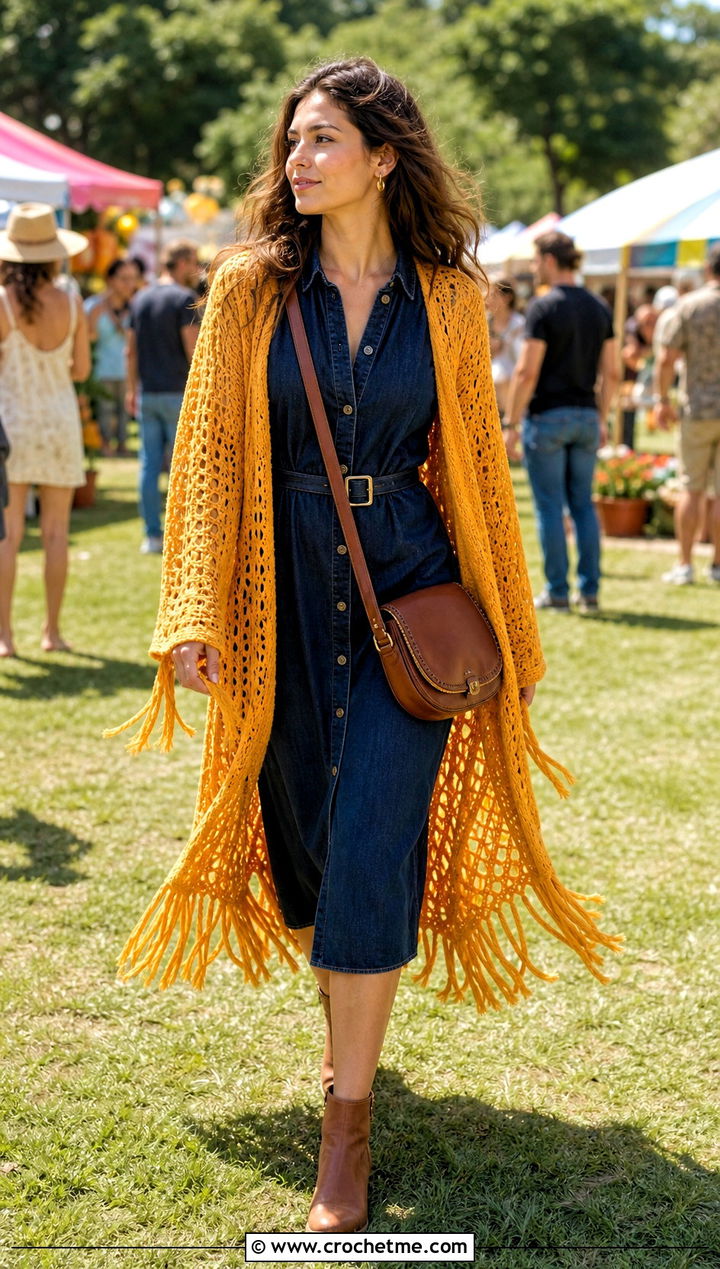 Fringe Crochet Duster Cardigan With a Denim Dress - 20 Easy Crochet Long Cardigan outfit ideas