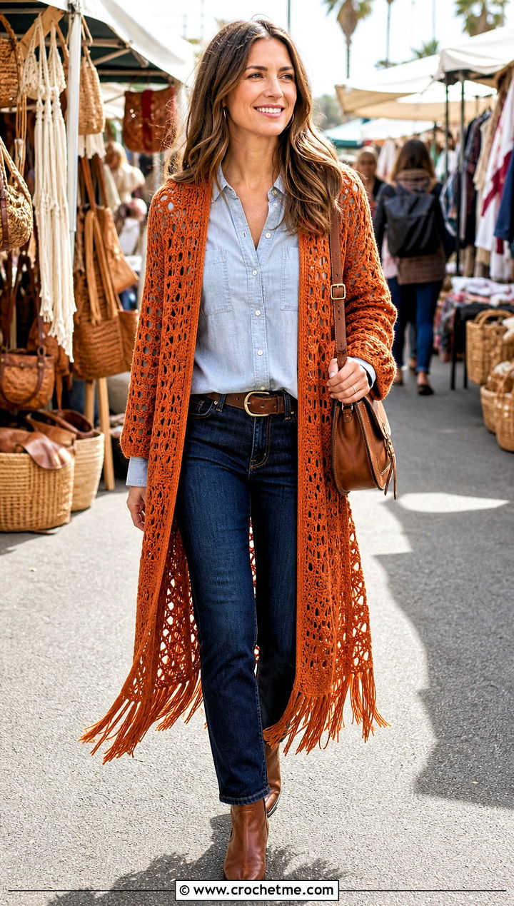 Fringe Crochet Duster Coat With Double Denim - 15 crochet coat size m outfit ideas