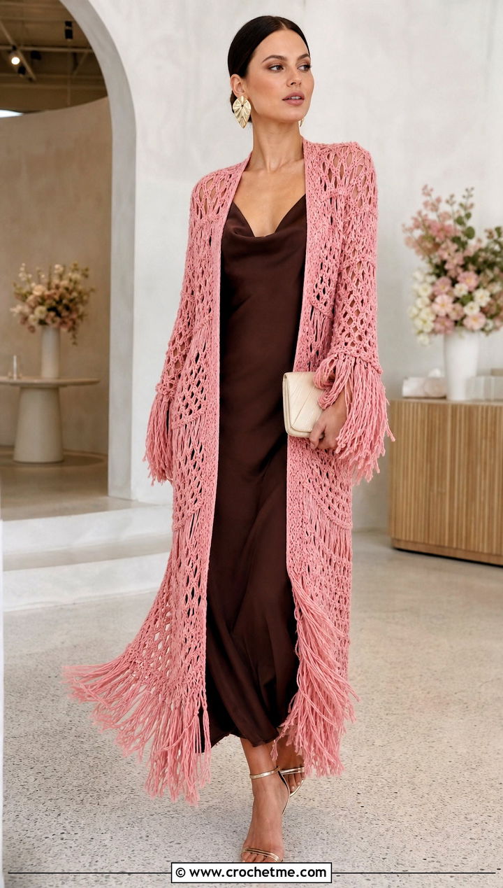 Fringe Crochet Duster Coat With Slip Dress - 30 women crochet coat outfit ideas