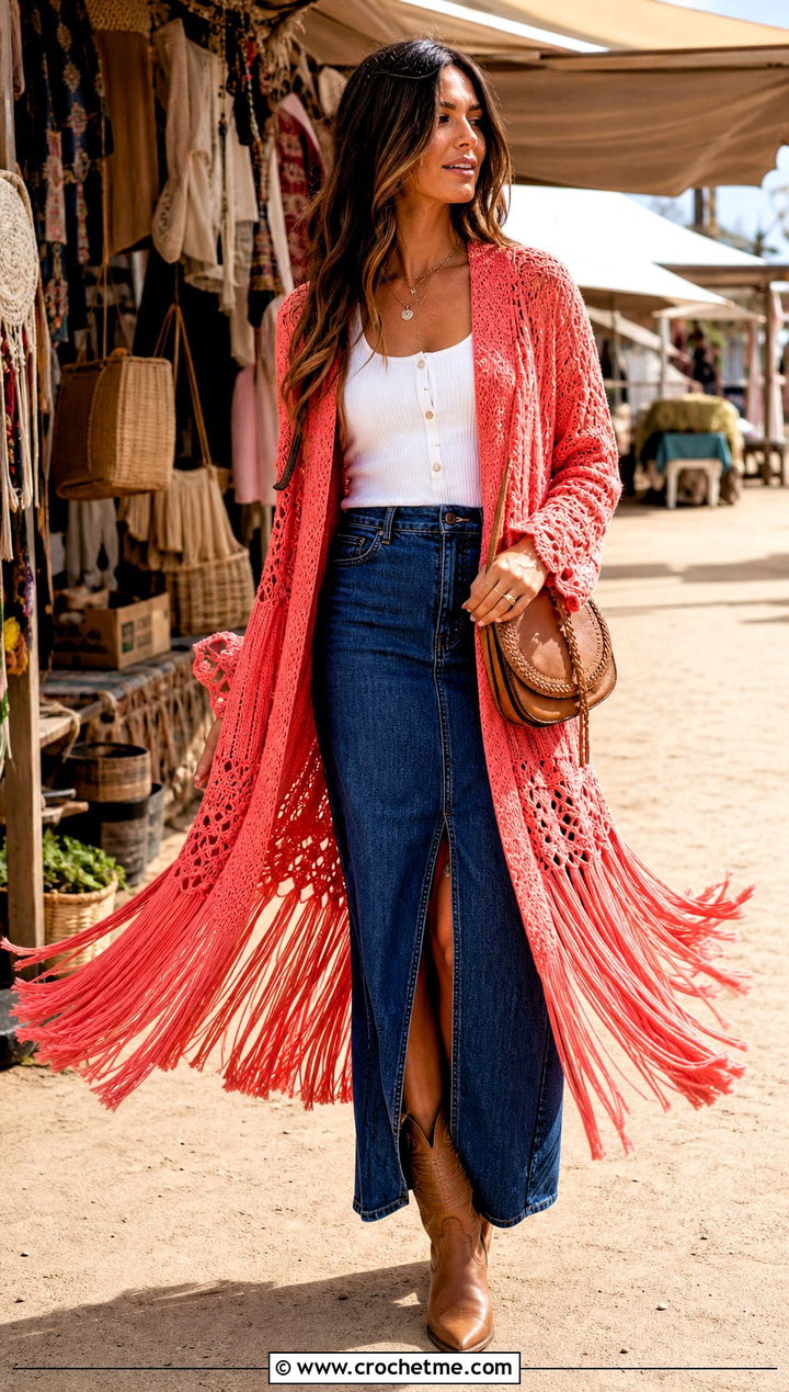 Fringe Crochet Duster With Denim Maxi Skirt - 35 crochet long coat outfit ideas