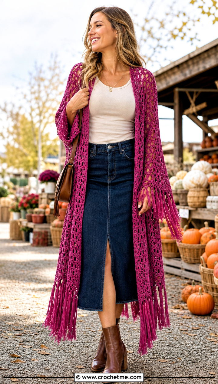 Fringe Crochet Duster With Denim Skirt And Boots - 25 Easy Crochet Duster outfit ideas