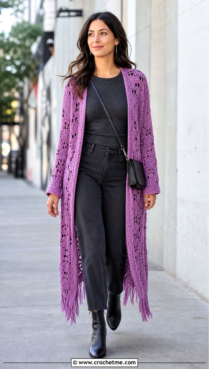 Fringe Crochet Duster With Monochrome Basics - 25 long crochet sweater outfit ideas