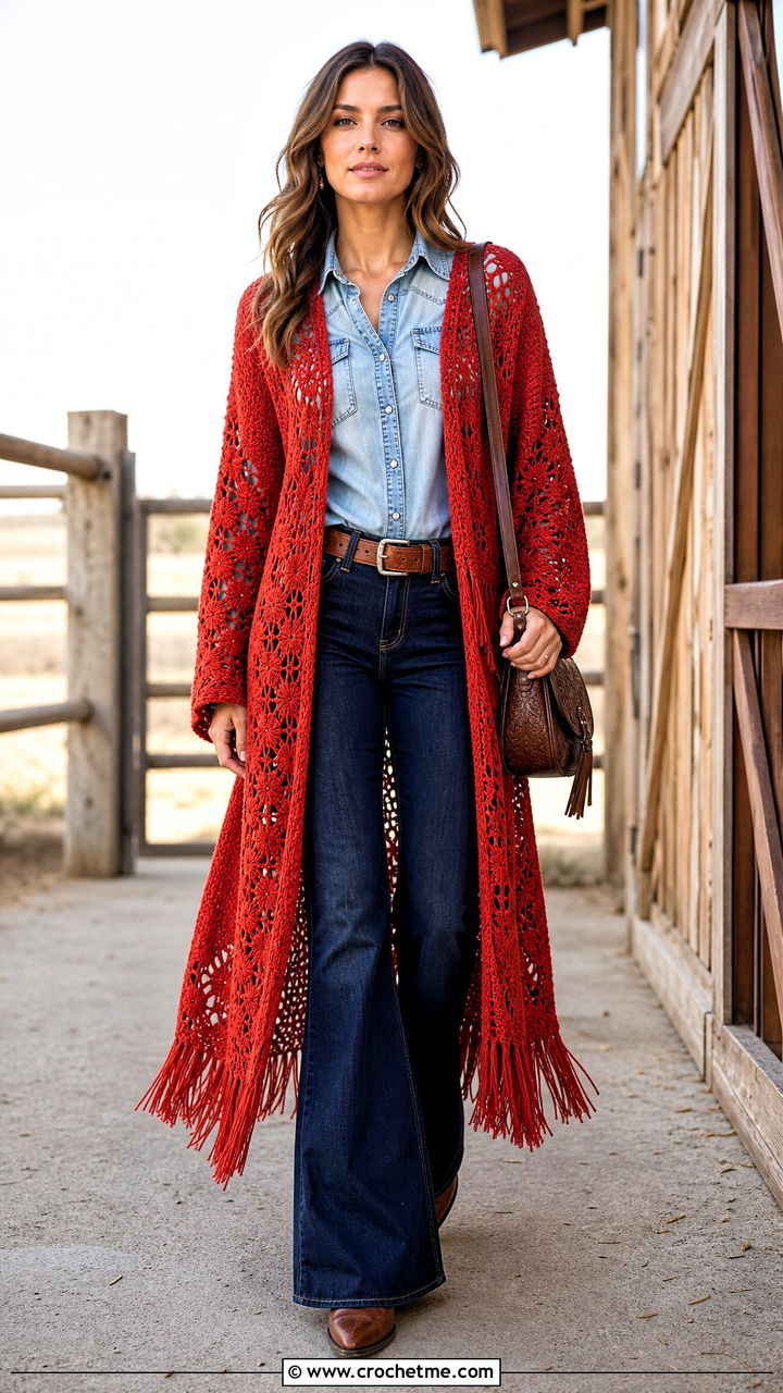 Fringe Crochet Duster With Western Shirt And Flared Jeans - 35 crochet coat outfit ideas