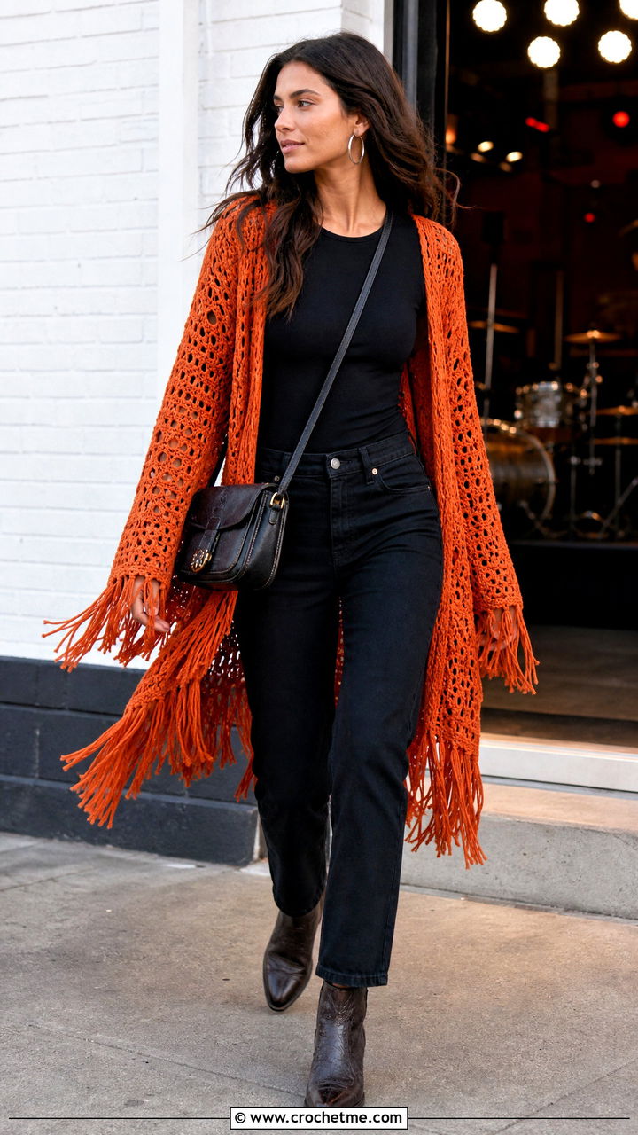Fringe Crochet Fall Cardigan With Black Jeans - 35 crochet fall cardigan outfit ideas