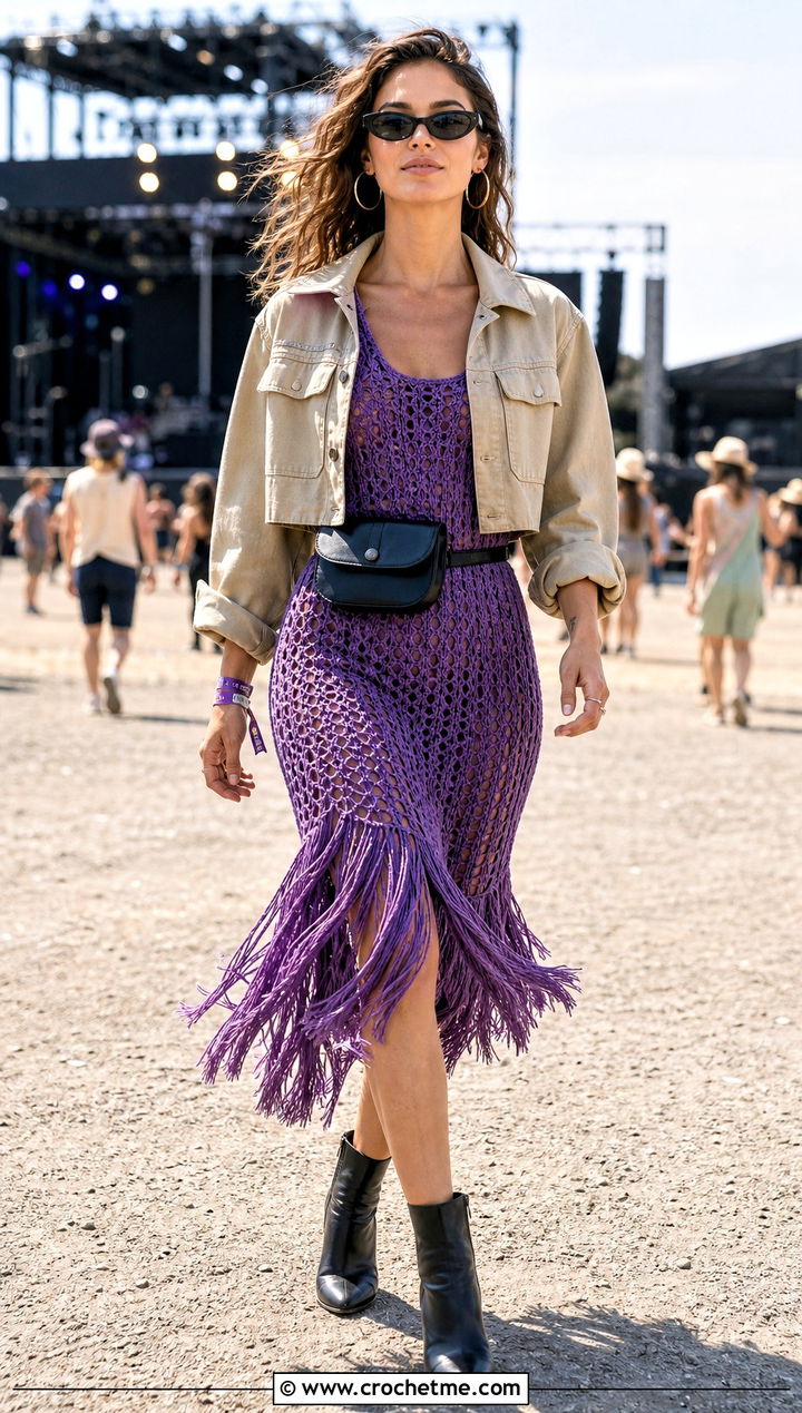 Fringe Crochet Frock With Utility Jacket - 35 crochet frock outfit ideas