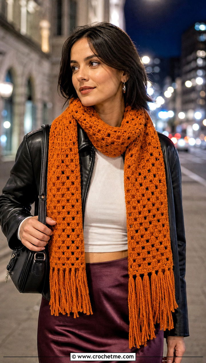 Fringe Crochet Granny Stitch Scarf With Leather Jacket - 30 crochet granny stitch scarf outfit ideas