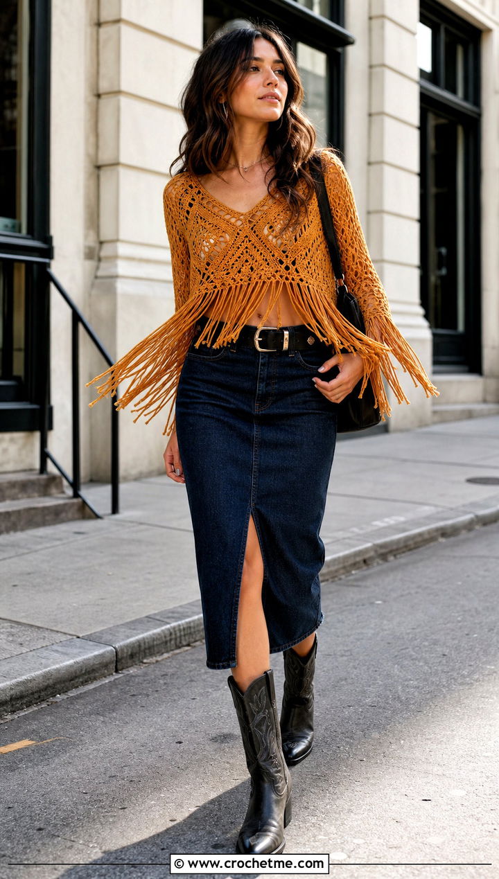 Fringe Crochet Grunge Top With Denim Midi Skirt - 30 crochet grunge top outfit ideas