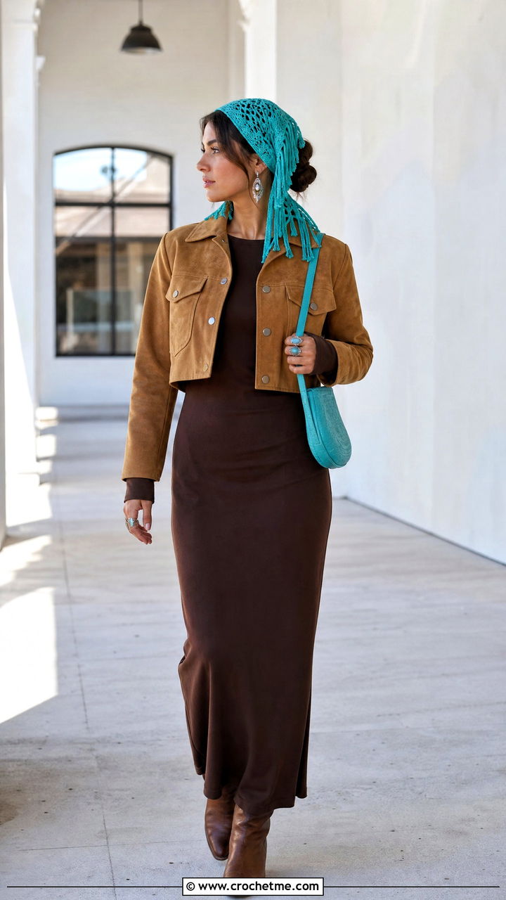 Fringe Crochet Hair Scarf With Suede Jacket And Maxi Dress - 35 crochet hair scarf outfit ideas