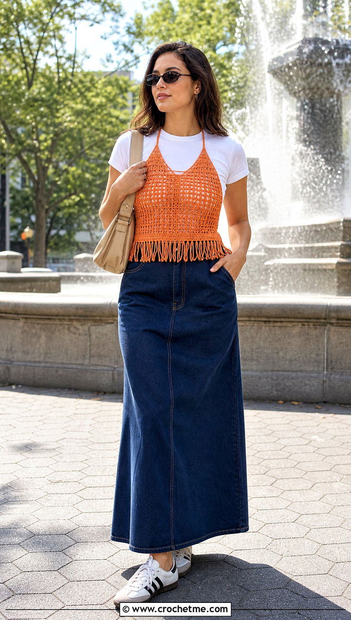 Fringe Crochet Halter Top Over A Crewneck T Shirt - 30 Crochet Top Layering Outfit ideas