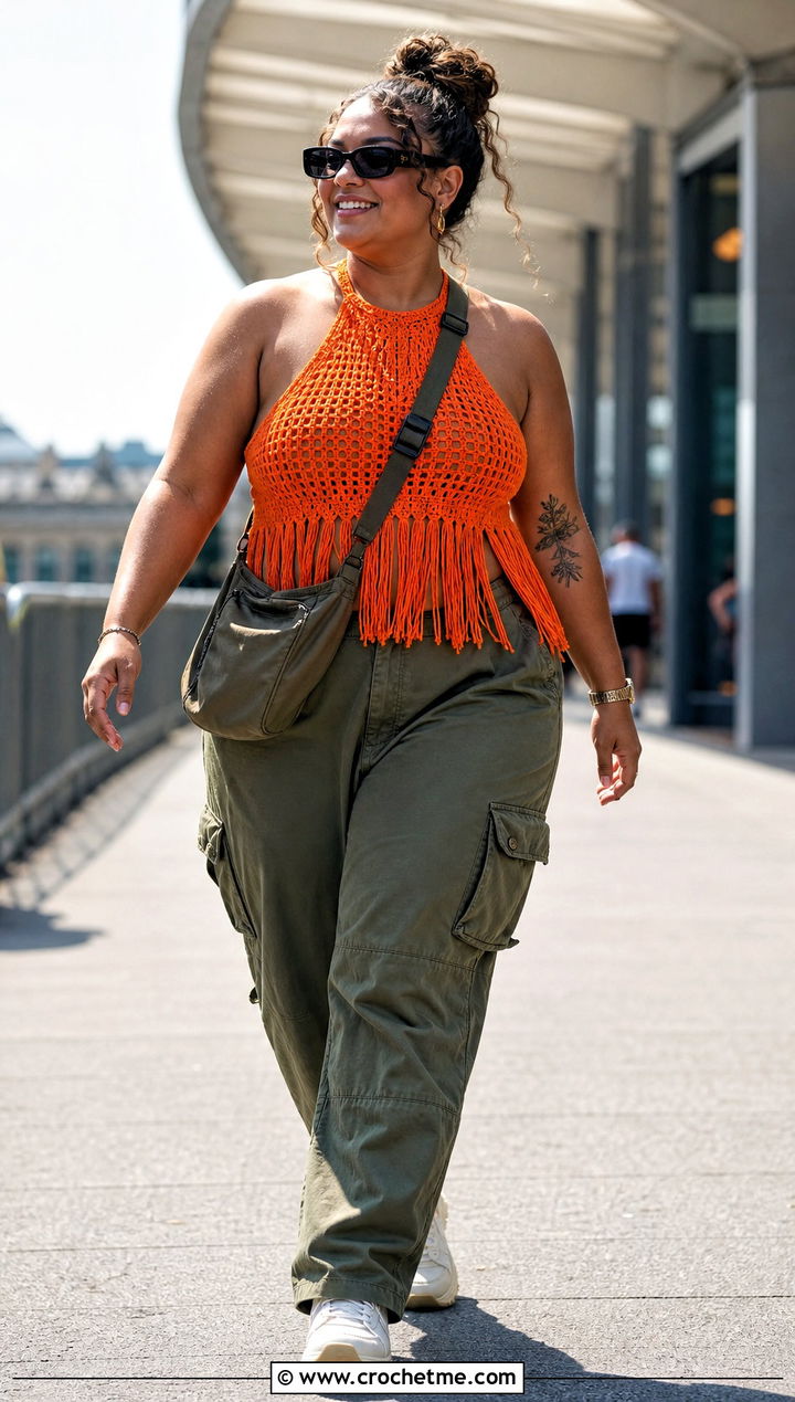Fringe Crochet Halter Top With Cargo Pants - 30 plus size crochet halter top outfit ideas