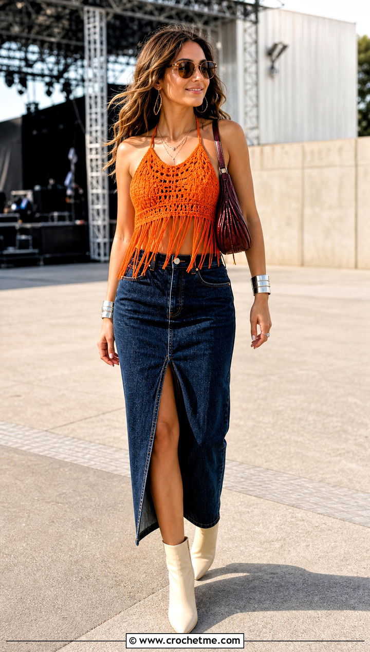 Fringe Crochet Halter Top With Denim Midi Skirt - 15 Crochet Halter Top Outfit Inspiration outfit ideas