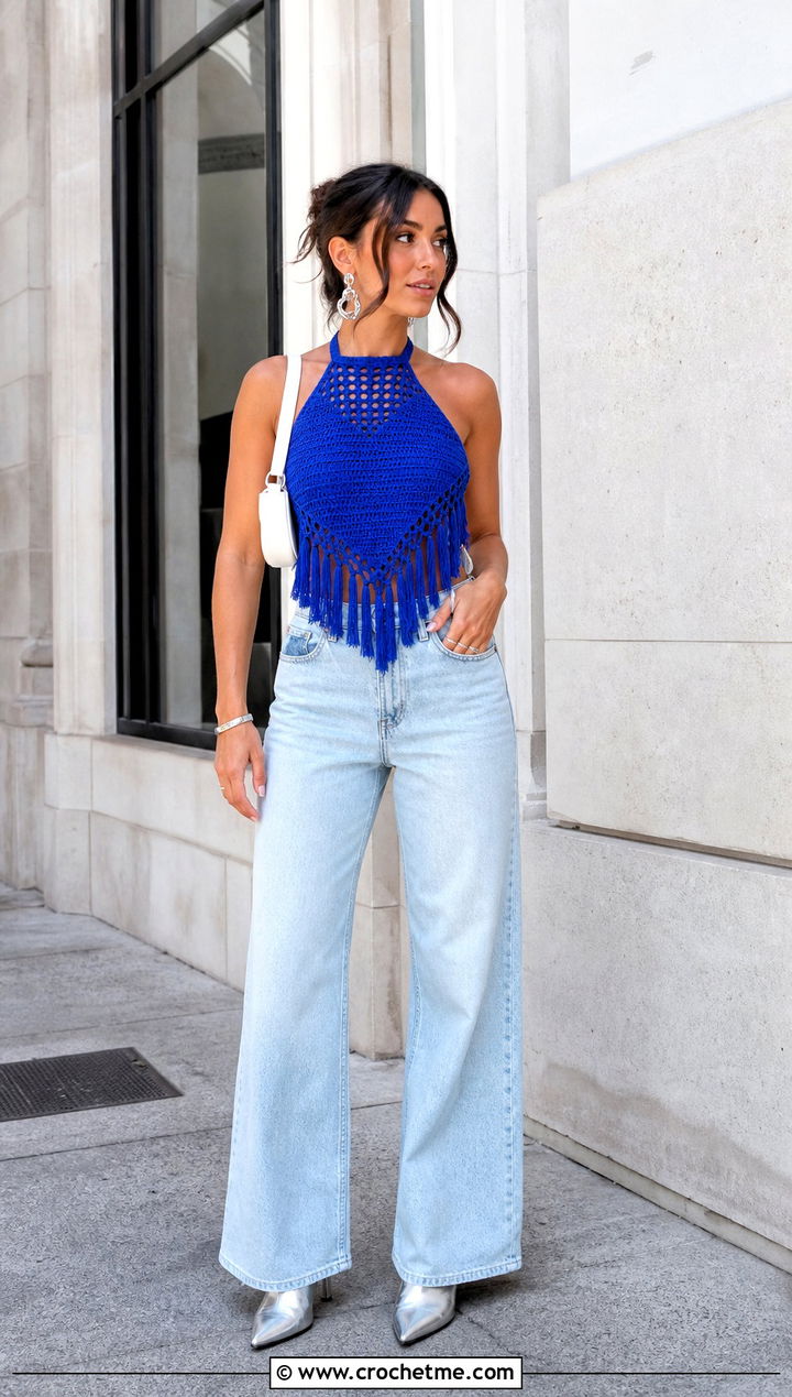 Fringe Crochet Halter Top With Wide Leg Jeans - 15 crochet tops with fringes outfit ideas