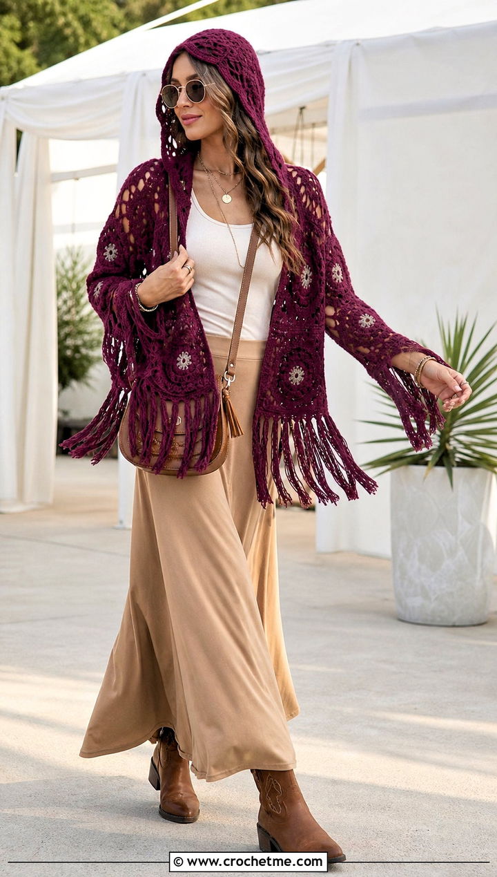 Fringe Crochet Hexagon Hoodie With Maxi Skirt - 30 crochet hexagon hoodie outfit ideas