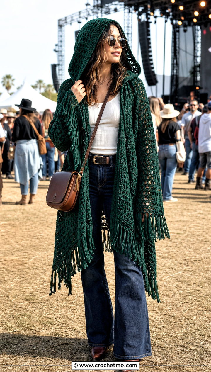 Fringe Crochet Hoodie Blanket With Western Jeans - 25 crochet hoodie blanket outfit ideas
