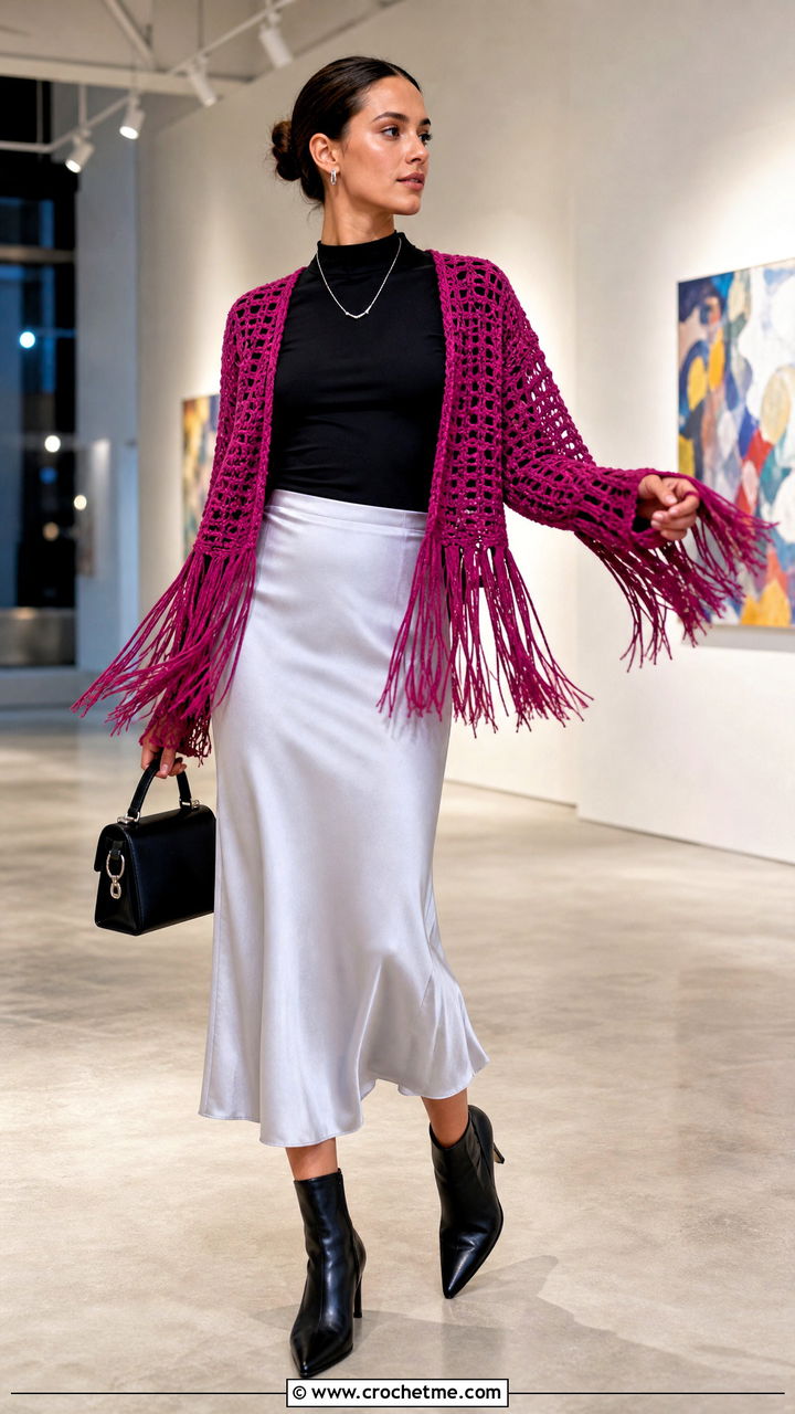 Fringe Crochet Jacket With Bias Cut Midi Skirt - 35 crochet coats & jackets outfit ideas