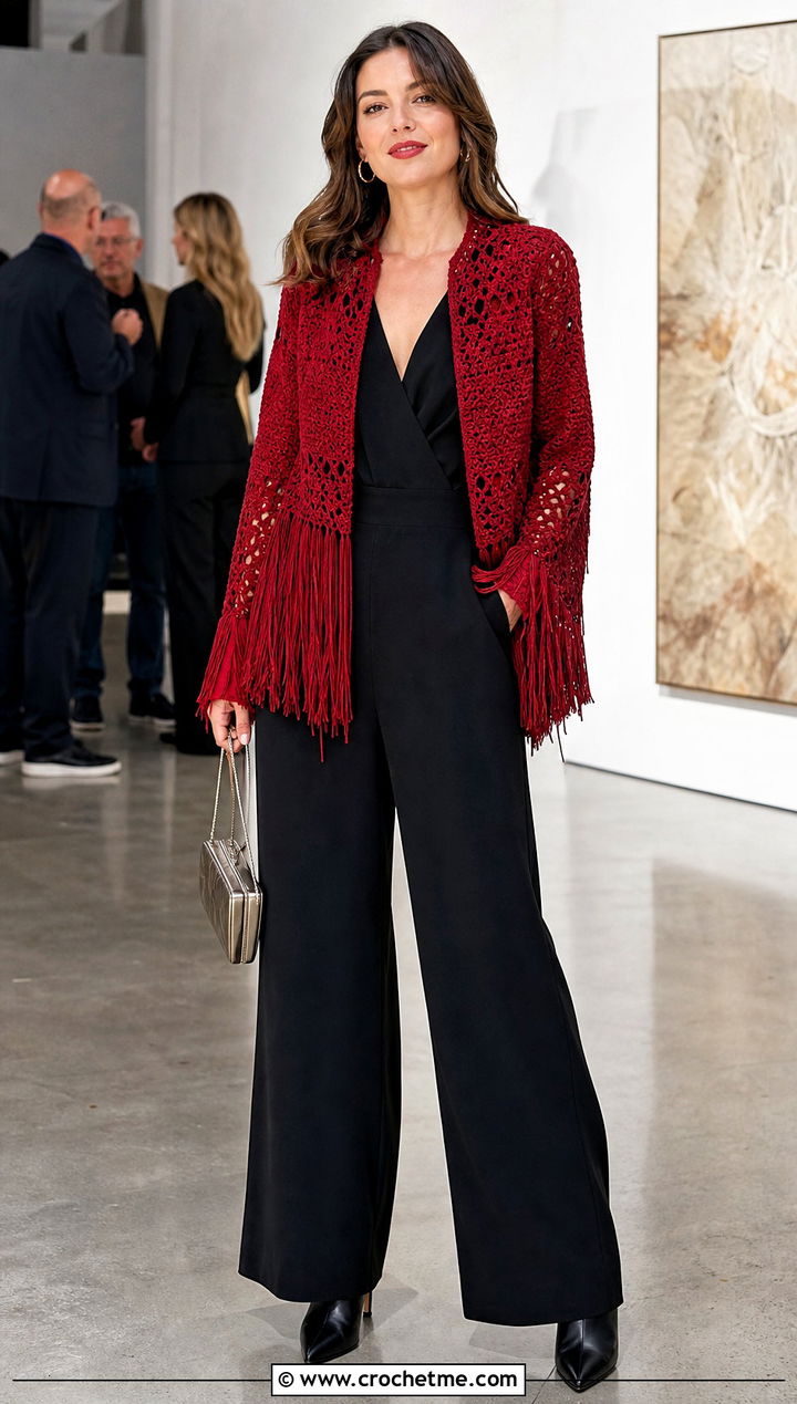 Fringe Crochet Jacket With Black Jumpsuit - 25 Fall Crochet Outfit Ideas