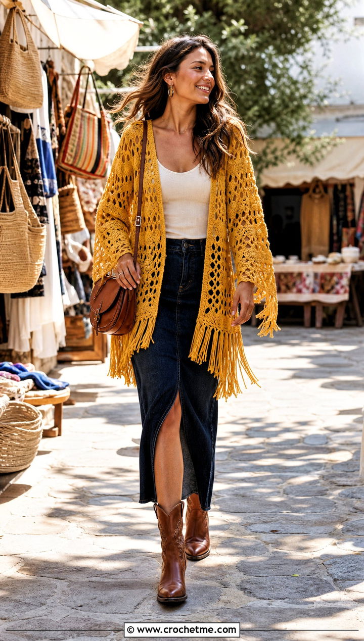 Fringe Crochet Jacket With Denim Midi Skirt - 20 Crochet Ladies Jacket outfit ideas