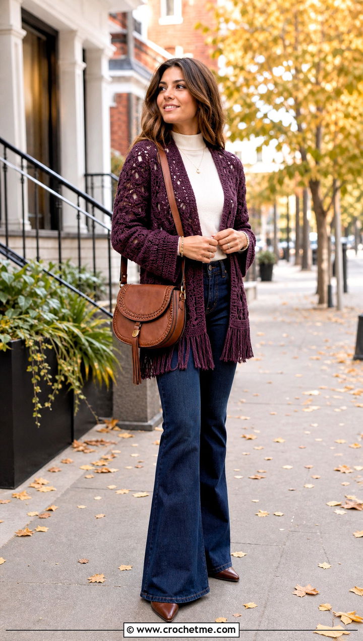 Fringe Crochet Jacket With Flared Jeans - 25 crochet jacket for women outfit ideas