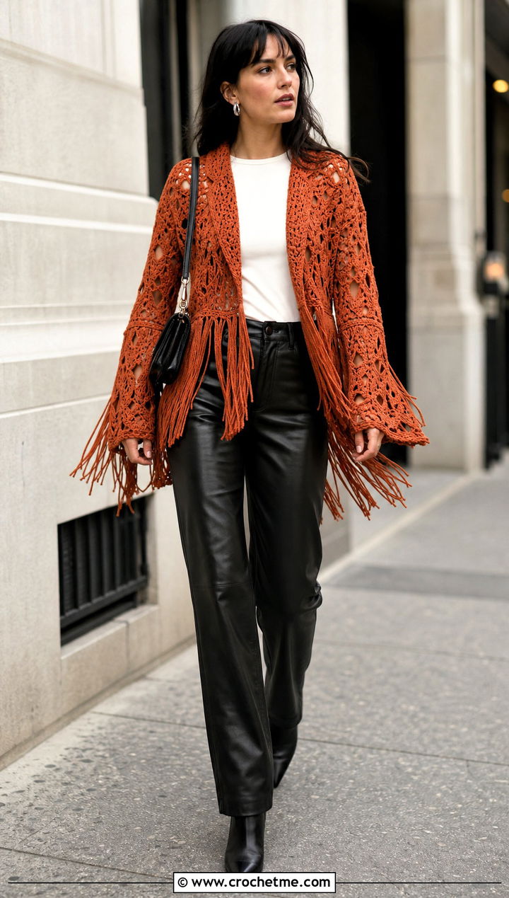 Fringe Crochet Jacket With Leather Pants - 25 crochet clothes jacket outfit ideas