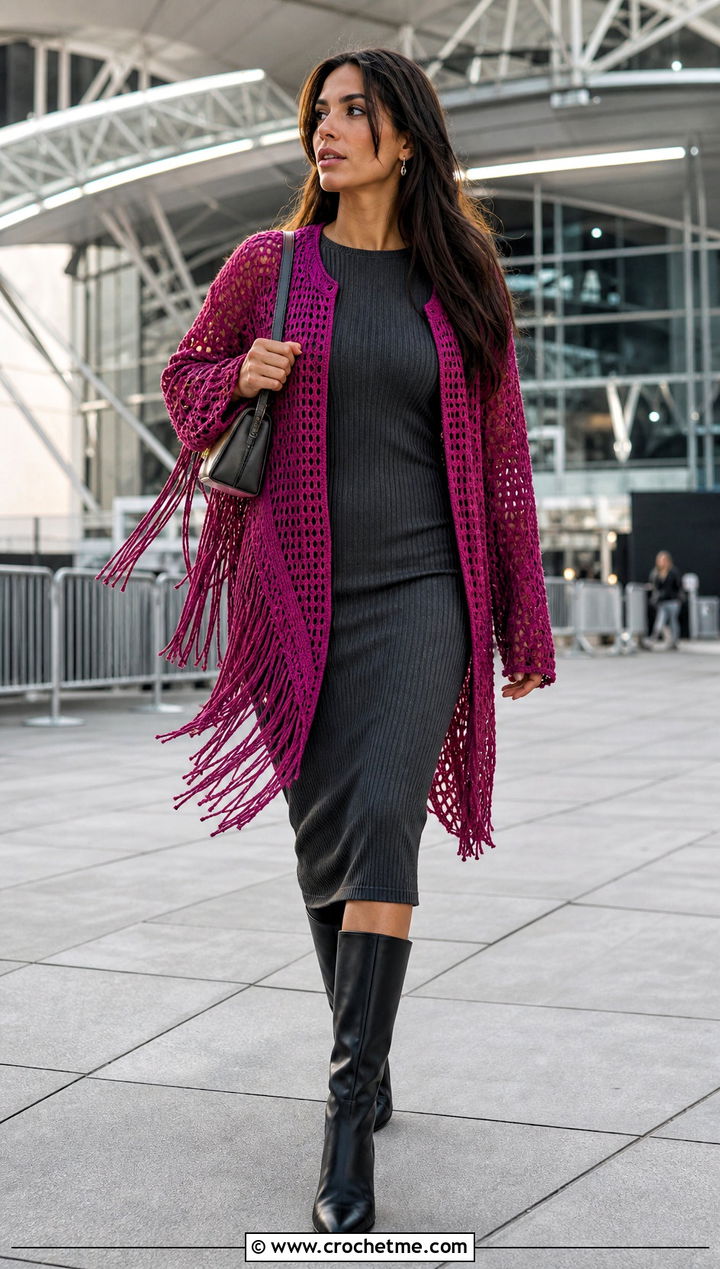 Fringe Crochet Jacket With Ribbed Midi Dress - 35 crocheted jacket outfit ideas