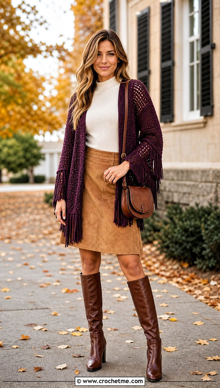 Fringe Crochet Jacket With Suede Skirt - 20 crochet jacket for ladies outfit ideas