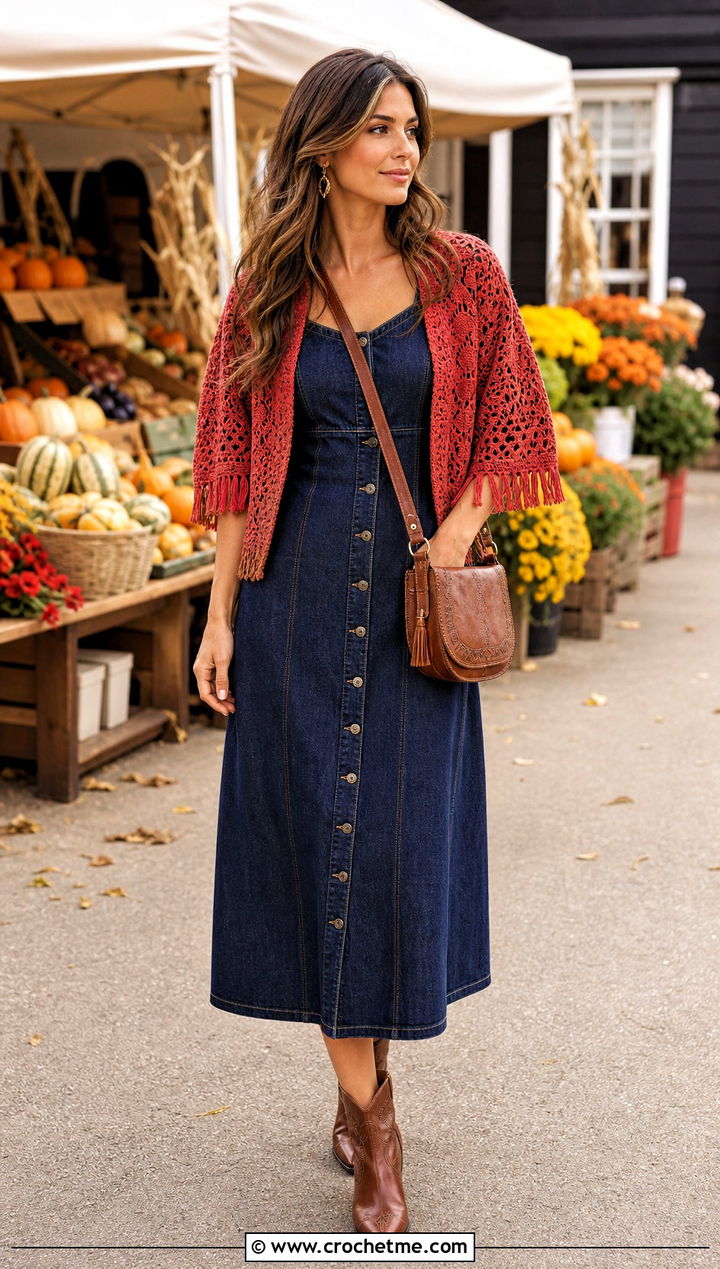 Fringe Crochet Lace Shrug With Denim Dress - 35 crochet lace shrug outfit ideas