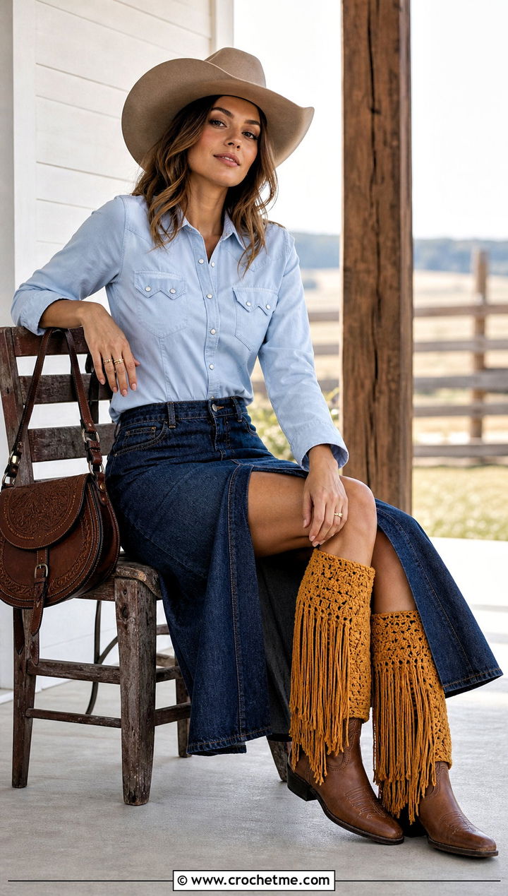 Fringe Crochet Leg Warmers With Western Shirt And Denim Skirt - 25 Crochet Legwarmer outfit ideas