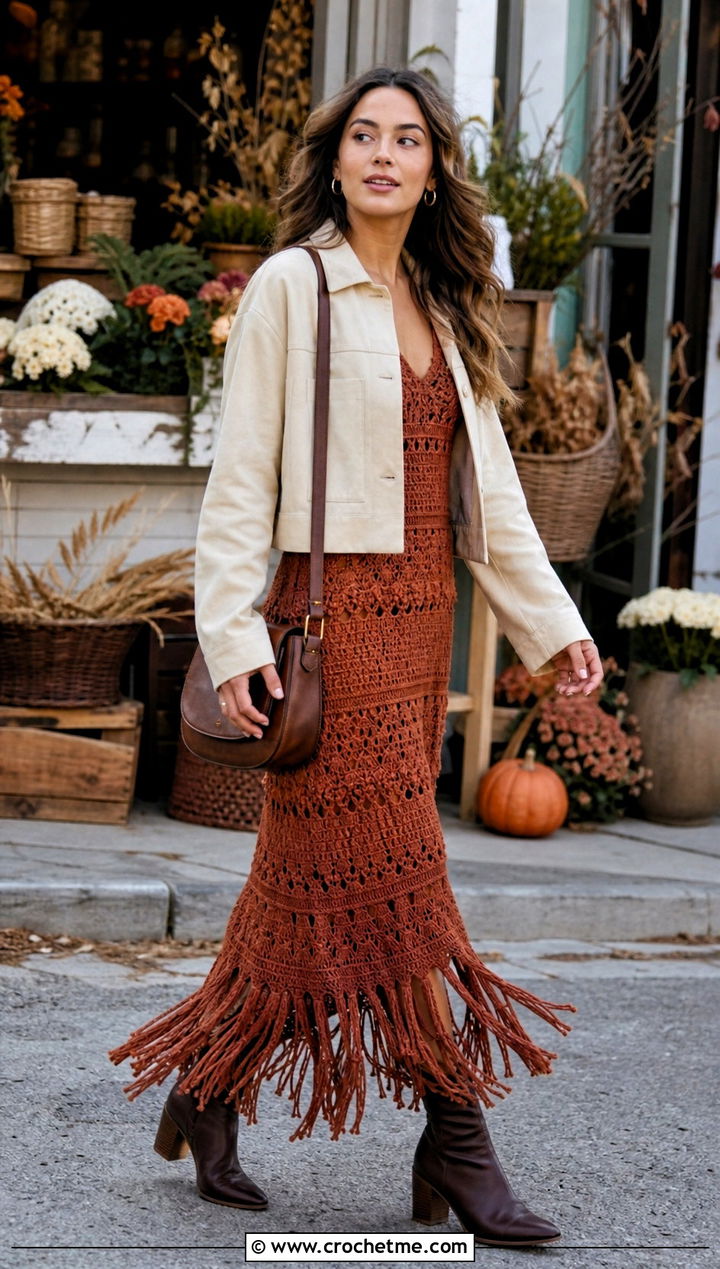 Fringe Crochet Maxi Dress With Suede Jacket - 35 simple crochet dress outfit ideas