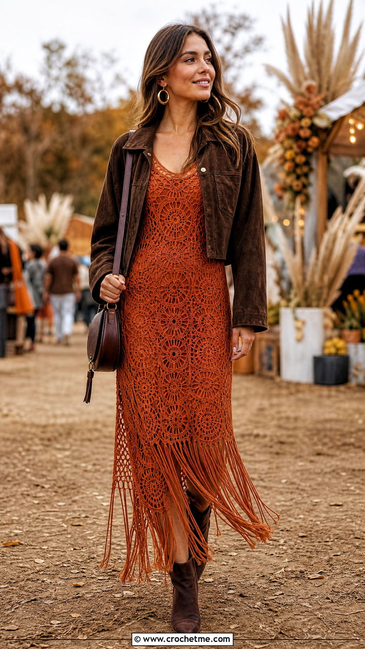 Fringe Crochet Maxi Dress With Suede Jacket - 35 crochet dresses outfit ideas