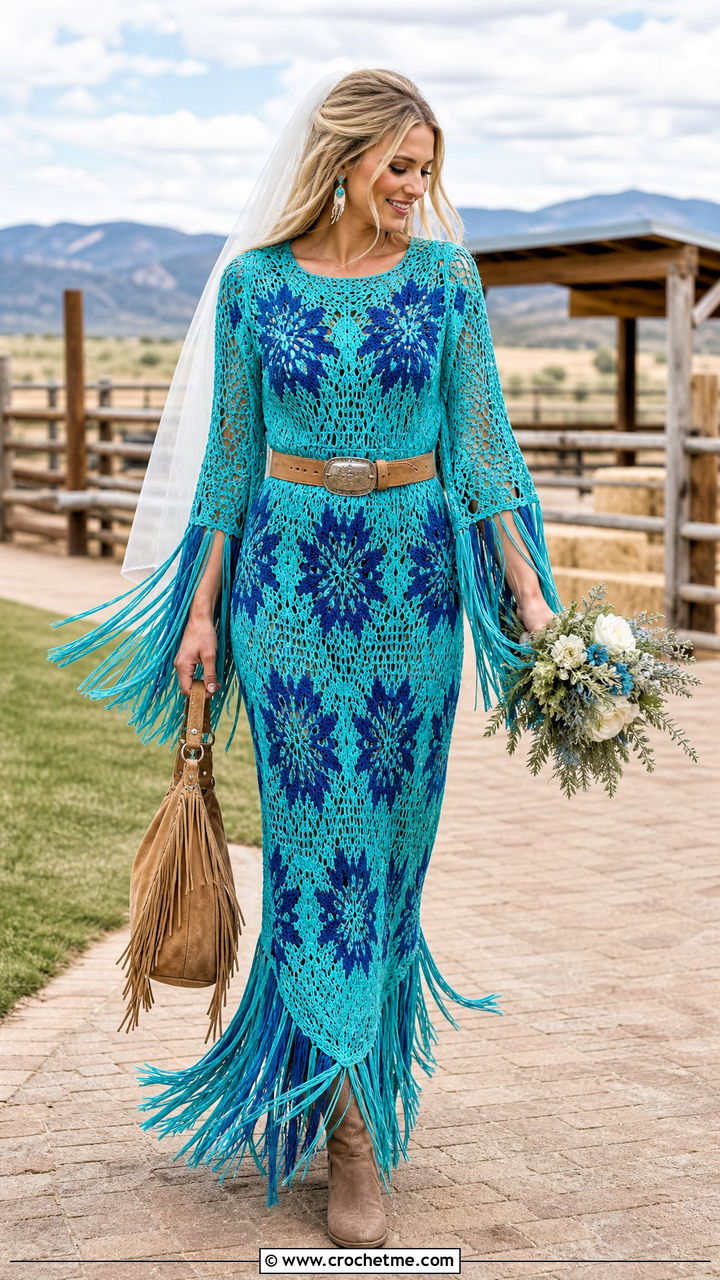 Fringe Crochet Maxi Dress With Western Belt - 35 crochet wedding dress outfit ideas