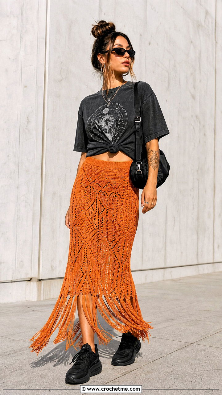 Fringe Crochet Maxi Skirt With Graphic T Shirt - 35 crochet maxi skirt outfit ideas