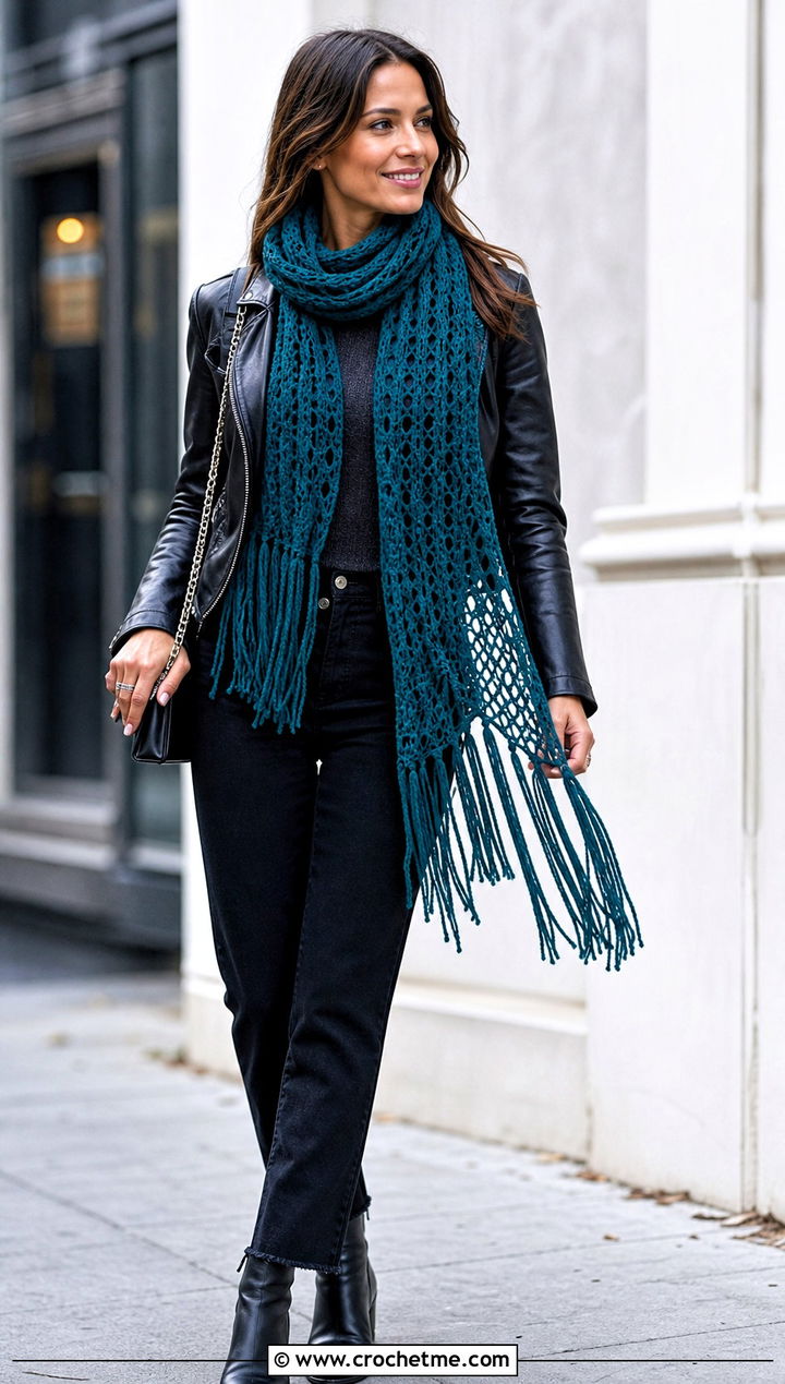 Fringe Crochet Mesh Scarf With Leather Jacket And Black Jeans - 25 Crochet Mesh Scarf outfit ideas