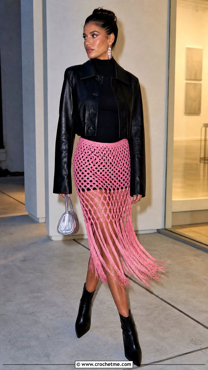 Fringe Crochet Mesh Skirt With Leather Jacket - 35 crochet mesh skirt outfit ideas
