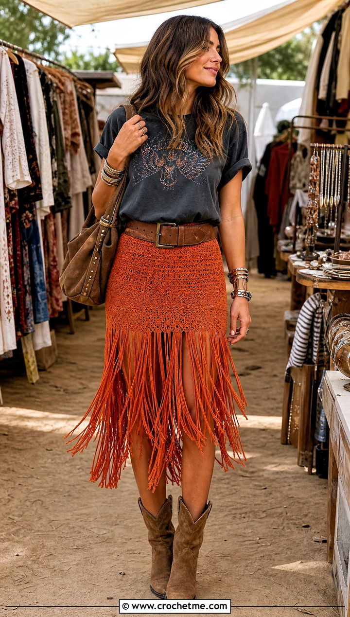 Fringe Crochet Midi Skirt With Graphic T Shirt - 15 colorful crochet skirt designs outfit ideas