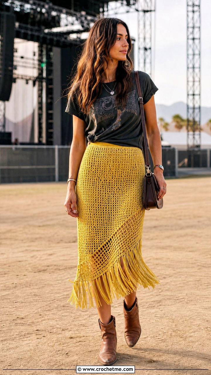Fringe Crochet Midi Skirt With Graphic T Shirt - 35 aesthetic crochet clothes and outfit ideas
