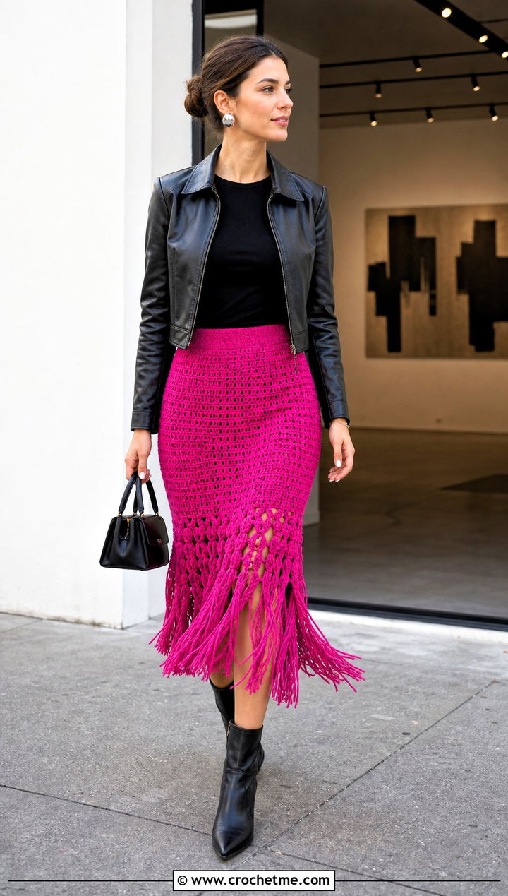 Fringe Crochet Midi Skirt With Leather Jacket - 35 easy crochet skirt outfit ideas