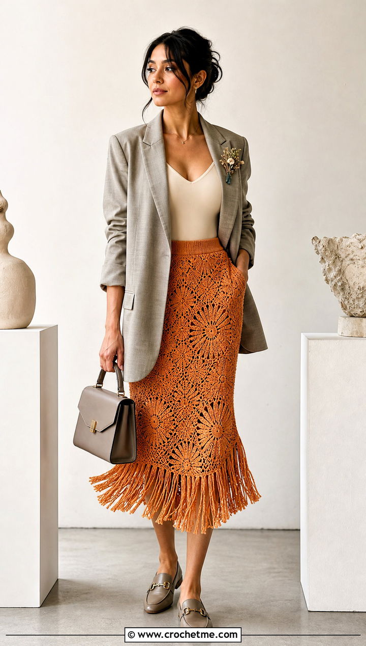 Fringe Crochet Midi Skirt With Oversized Blazer - 15 Crochet Skirt Fairycore outfit ideas