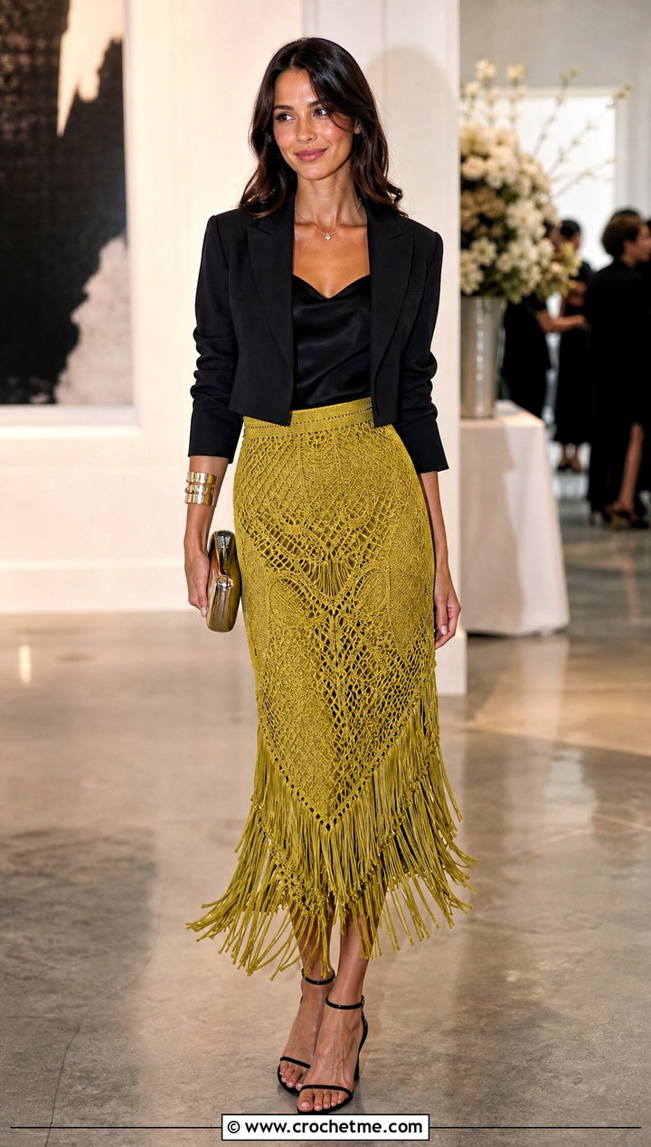 Fringe Crochet Midi Skirt With Satin Camisole - 15 Vintage Crochet Skirt outfit ideas